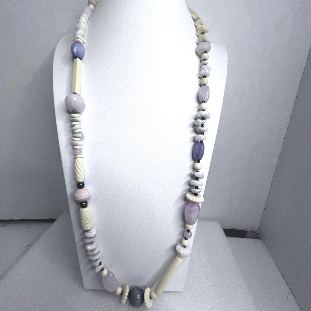 Multi Media Chunky Beaded Necklace Artisan Semi Precious Stones Carved Resin 36"